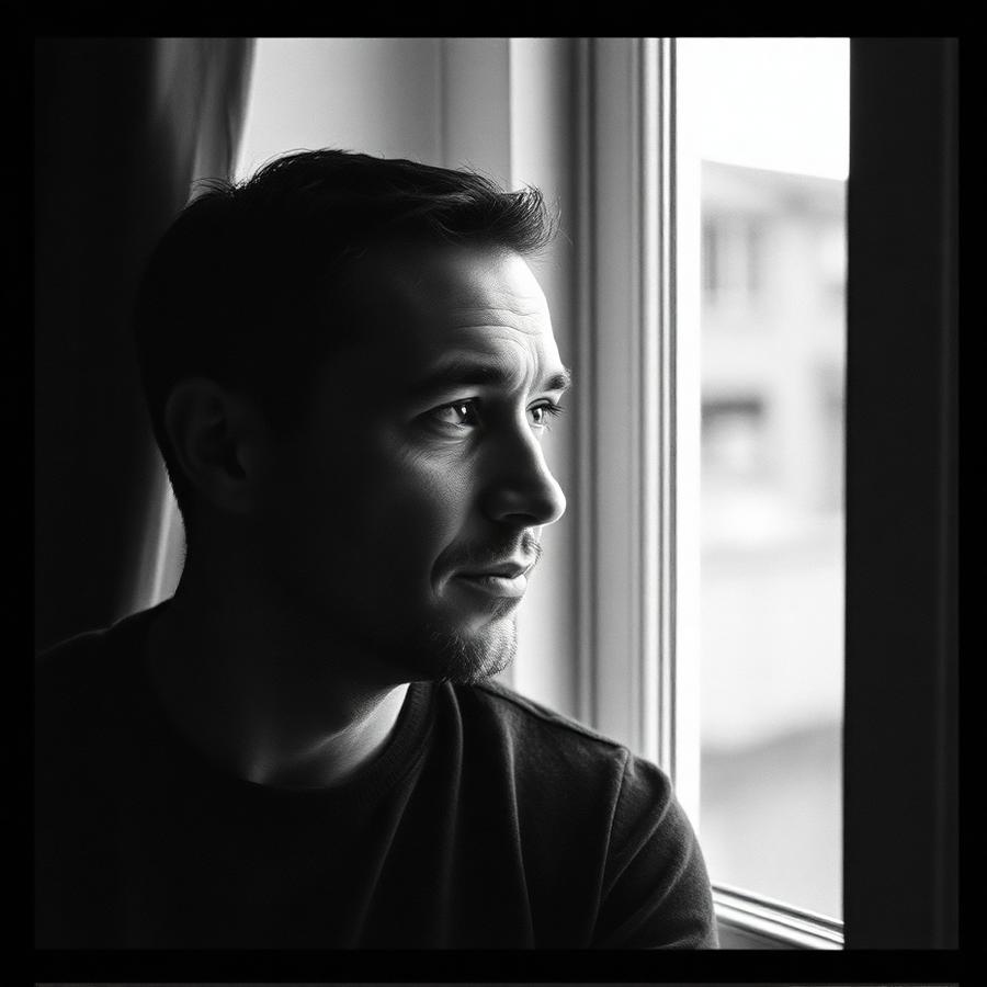 John Sanders by the window, black and white portrait